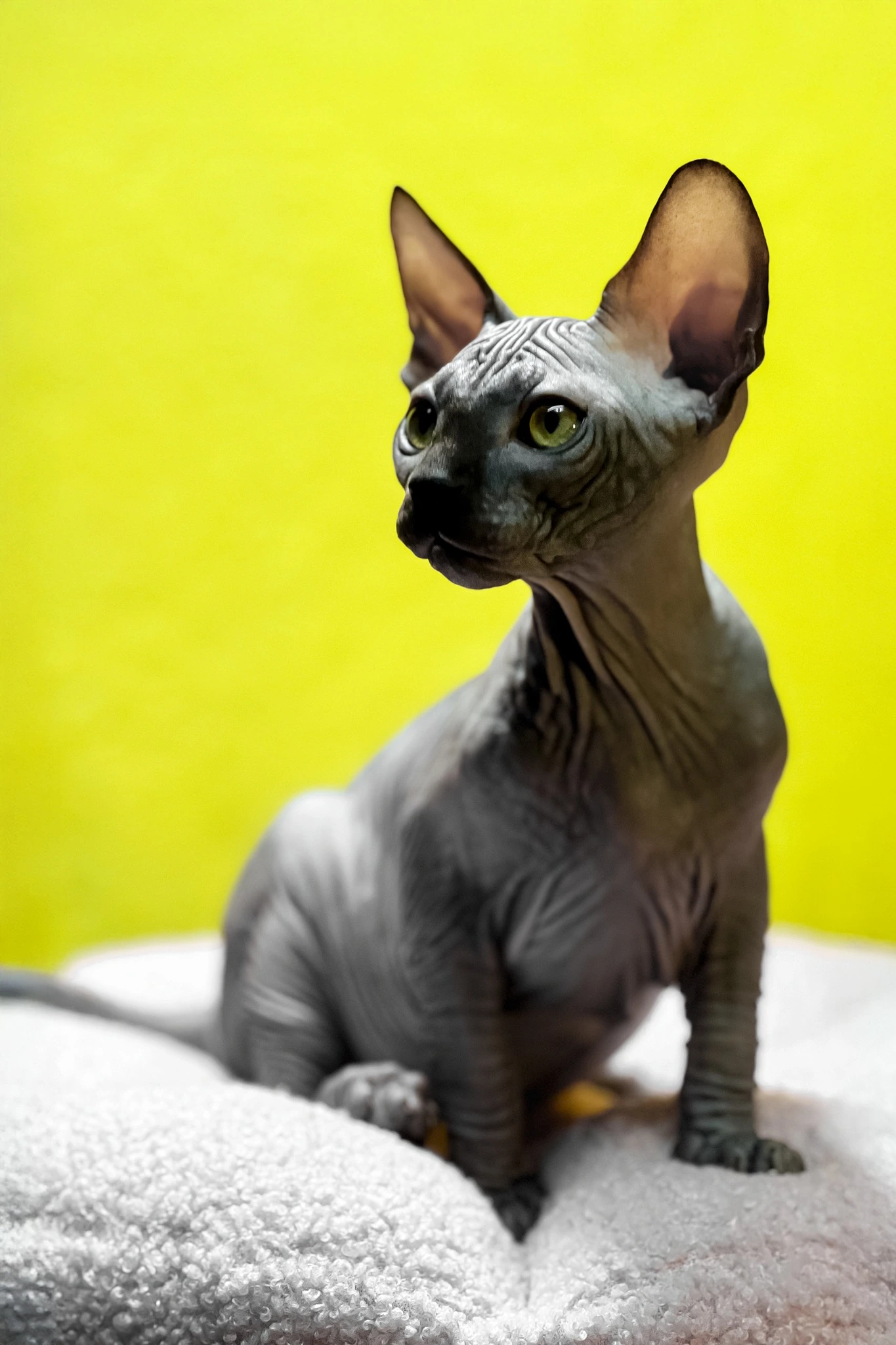 Gray Sphynx kitten Titto posing on a soft white blanket with a bright yellow background.